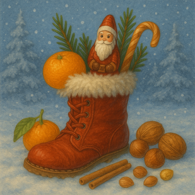 Ein roter, gefütterter Winterstiefel steht im verschneiten Freien. Aus dem Stiefel ragen eine Mandarine, kleine Tannenzweige, ein Schoko-Nikolaus und eine Zuckerstange. Daneben liegen weitere Mandarinen, verschiedene Nüsse und zwei Zimtstangen im Schnee. Im Hintergrund sind verschneite Tannenbäume und sanft fallende Schneeflocken zu sehen.